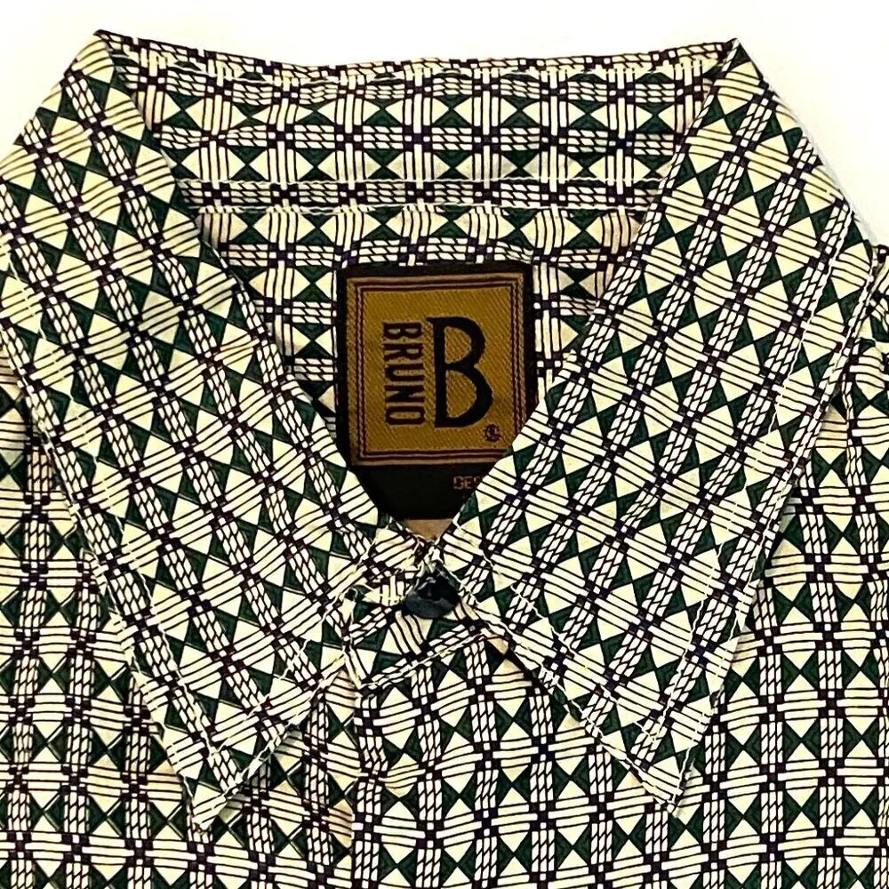 Vintage Bruno 100% silk short sleeve shirt Mens Medium green cream diamonds